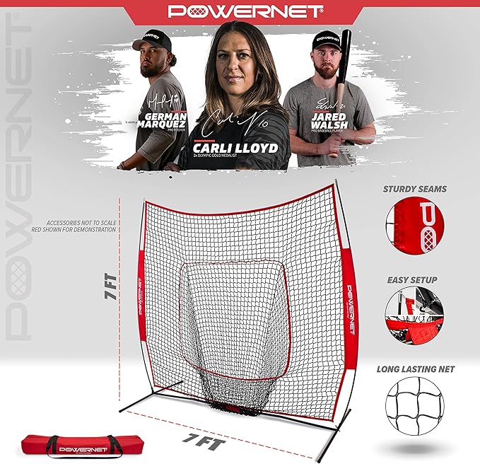 PowerNet Baseball Softball Practice Net 7x7 with Baseball Accessories for Practice Pitching, Batting & Fielding, Ball Caddy, Weighted Baseballs, Tee-StrideForce Fitness
