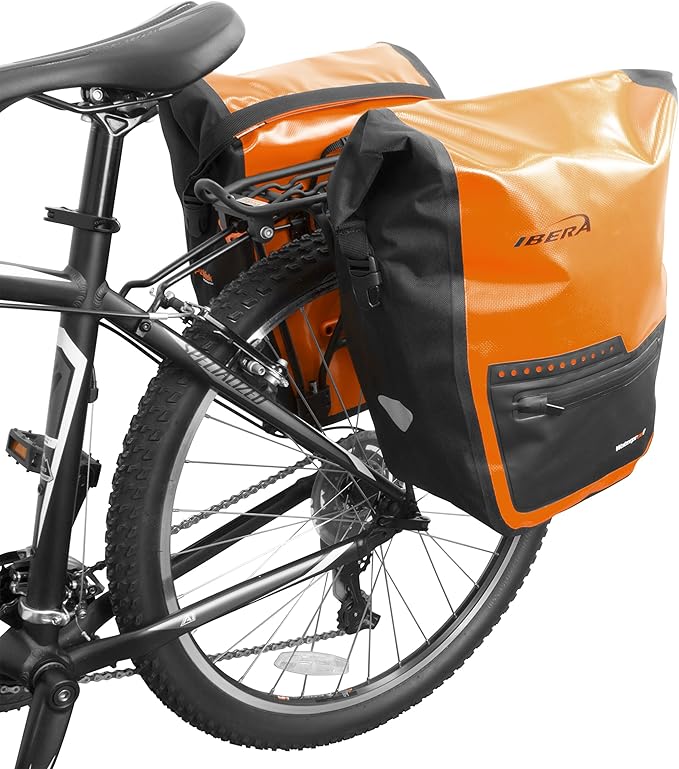 Ibera Panniers Bike Bags 30L (Pair) - Waterproof & with Quick Release/Clip-On System - Bike Saddle Bags For Rear Rack with Rain Cover & 19.8 lbs Capacity - Saddle Bag Bicycle Fits Most Racks (Orange)-StrideForce Fitness