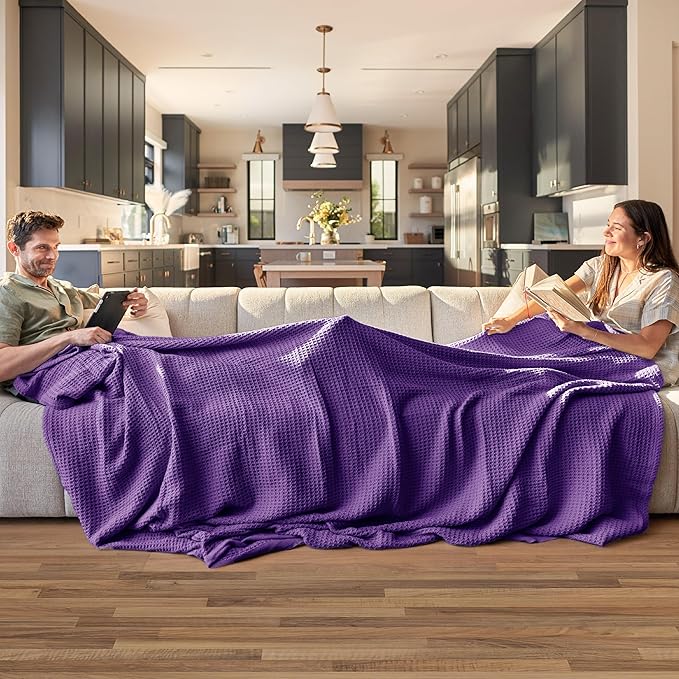 Bedsure 100% Cotton Blanket Queen Size for Bed - Breathable and Soft, Waffle Weave Blanket for Summer, Thick Cozy Fall Blankets for Women Gift, Purple, 90x90 Inches-StrideForce Fitness