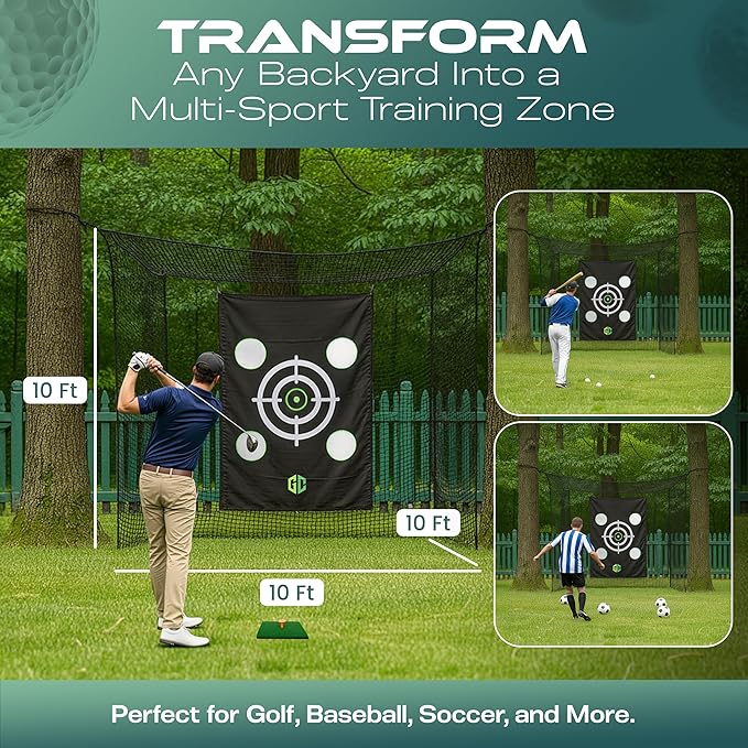 GrdnCare Golf Hitting Net 10x10x10ft – Golf Practice Net with Silent Target Tarp, Mat & Tee with Carry Bag (No Metal Frame) – Indoor Practice for Backyard or Garage & Outdoors-StrideForce Fitness