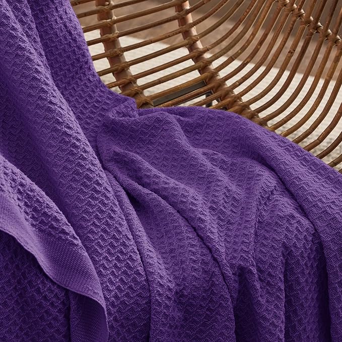 Bedsure 100% Cotton Large Throw Blanket for Couch 50x70 inches - Breathable and Soft, Waffle Weave Throw Blanket for Office, Purple-StrideForce Fitness
