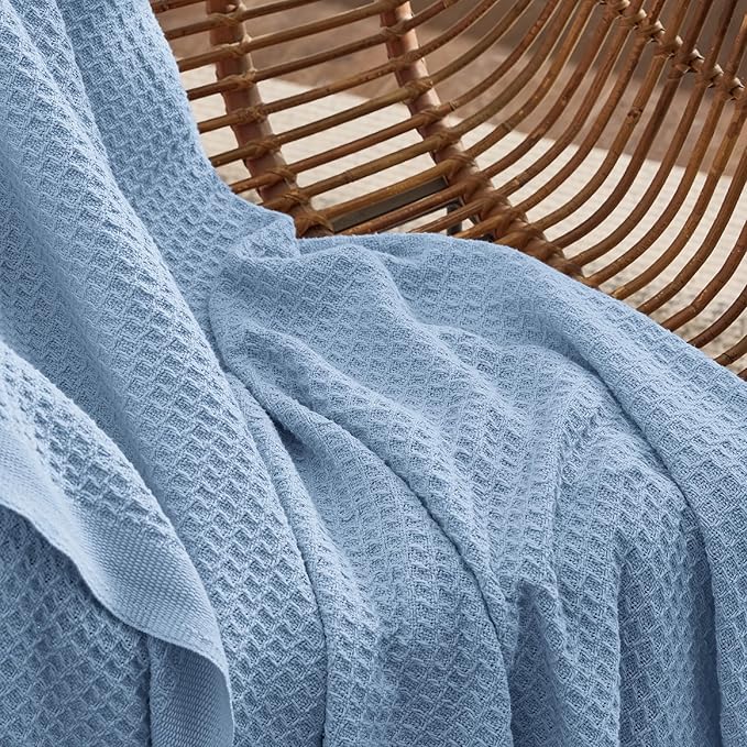 Bedsure 100% Cotton Large Throw Blanket for Couch 50x70 inches - Breathable and Soft, Waffle Weave Throw Blanket for Office, Sky Blue-StrideForce Fitness