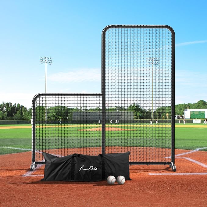 Yes4All Portable L-Screen Baseball 7x7ft with 2 Baseballs, Rubber Wheels - L Screen Baseball for Batting Cage, Protective Pitching Screen Net Double Layers, Carry Bag Included-StrideForce Fitness