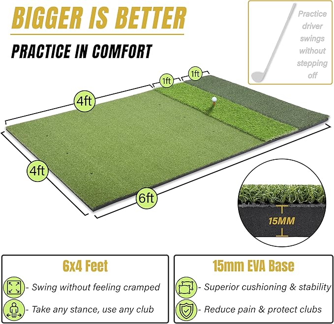6x4ft Extra Large & 5x4ft Extra Thick Premium Golf Mat | Golf Mats Practice Indoor, Outdoor, or with Simulator/Net | Durable Golf Hitting Mat with Tees-StrideForce Fitness
