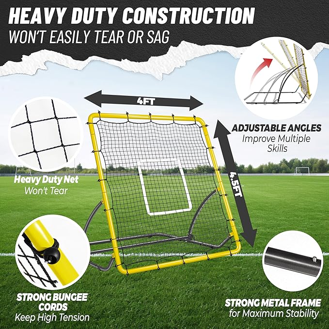 Heavy Duty Baseball Rebounder Net 4x4.5 FT Pitchback with 3 Adjustable Angles, Baseball and Softball Bounce Back Net for Ground, Line Drive, Fly Ball Return Settings Fielding Trainer-StrideForce Fitness
