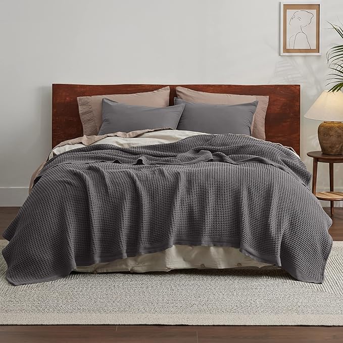 Bedsure 100% Cotton Blanket King Size for Bed - Breathable and Soft, Waffle Weave Blanket for Summer, Thick Cozy Fall Blankets for Women Gift, Dark Grey, 104x90 inches-StrideForce Fitness