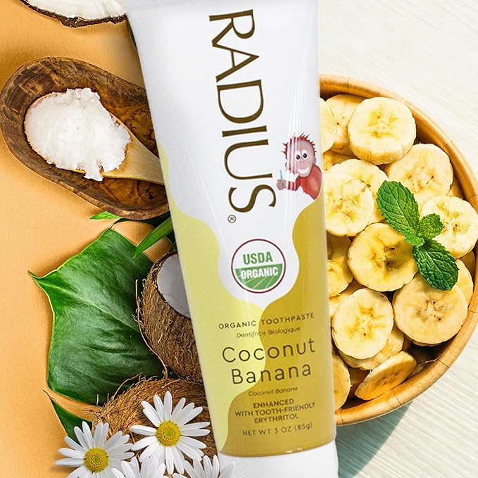 RADIUS USDA Organic Kids Toothpaste 3oz Non Toxic Chemical-Free Gluten-Free Designed to Improve Gum Health for Children's 6 Months and Up - Coconut Banana - Pack of 3