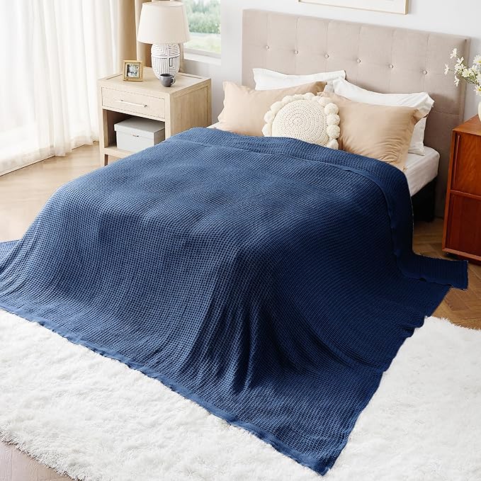 Bedsure 100% Cotton Large Blanket Oversized King for Bed - Breathable Thick Waffle Weave Blanket for Summer, Couch Cover, Navy, 120x94 inches-StrideForce Fitness