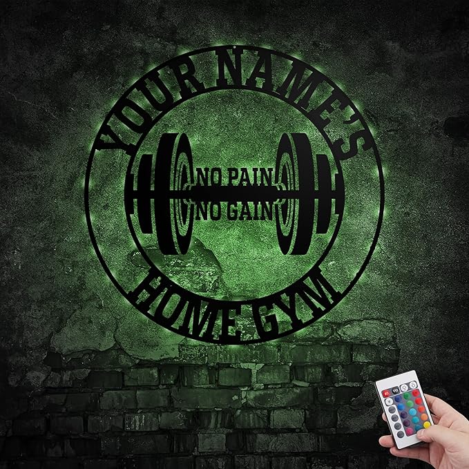 Personalized Home Gym LED Tin Metal Sign Multiple Sizes, Gym Sign Wall Decor, Exercise Workout Room Decor Fitness Center, Motivational Inspirational Hanging Wall Art Wall Plaque (03 w/lights)-StrideForce Fitness