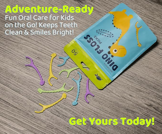 Sea Turtle Kids Dino Floss Picks - Corn Starch Handle - Thin Thread Tooth Dental Flossers - Unflavored (100)