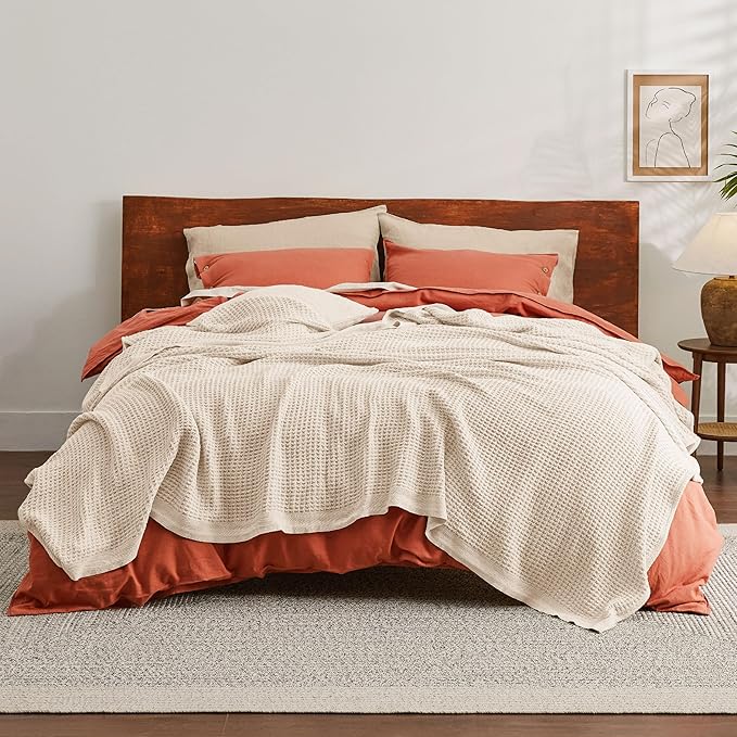 Bedsure 100% Cotton Blanket Queen Size for Bed - Breathable and Soft, Waffle Weave Blanket for Summer, Thick Cozy Fall Blankets for Women Gift, Yellowish Cream, 90x90 Inches-StrideForce Fitness