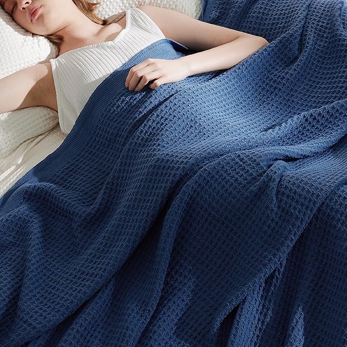 Bedsure 100% Cotton Large Blanket Oversized King for Bed - Breathable Thick Waffle Weave Blanket for Summer, Couch Cover, Navy, 120x94 inches-StrideForce Fitness