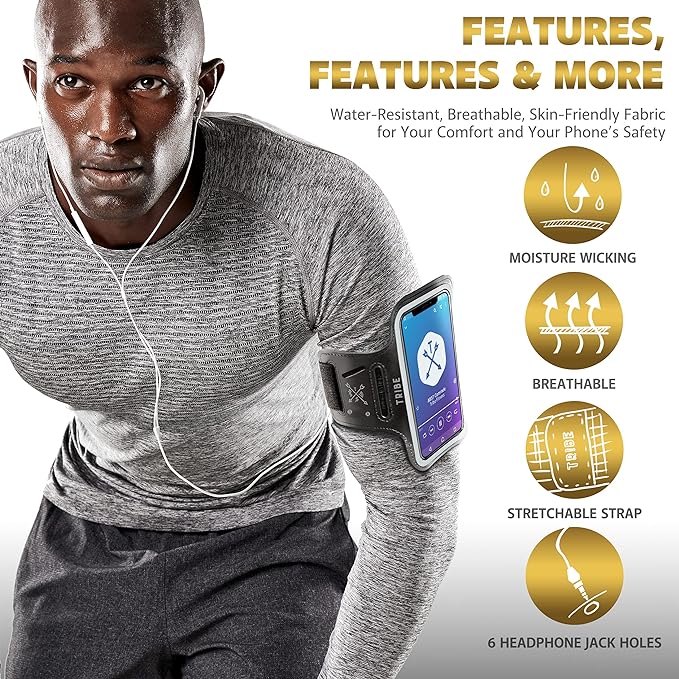 TRIBE Water Resistant Cell Phone Armband Case Running Holder for iPhone Pro Max Plus Mini SE (13/12/11/X/XS/XR/8/7/6/5) Galaxy S Ultra Plus Edge Note (21/20/10/9/8/7/6/5) Adjustable Strap & Key Pocket-StrideForce Fitness