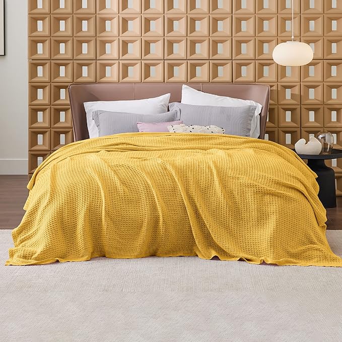 Bedsure 100% Cotton Blanket Queen Size for Bed - Breathable and Soft, Waffle Weave Blanket for Summer, Thick Cozy Fall Blankets for Women Gift, Mustard Yellow, 90x90 Inches-StrideForce Fitness