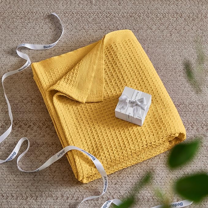 Bedsure 100% Cotton Blanket King Size for Bed - Breathable and Soft, Waffle Weave Blanket for Summer, Thick Cozy Fall Blankets for Women Gift, Mustard Yellow, 104x90 inches-StrideForce Fitness