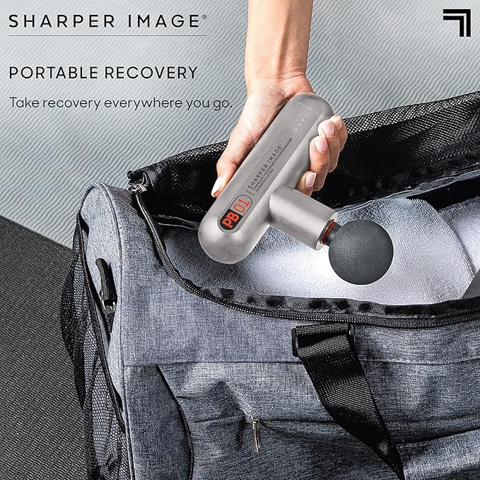 Sharper Image Powerboost Move - Mini Percussion Massage Gun| 4 Attachments, 4 Speeds| Full Body Back & Shoulder Massager| Muscle Recovery & Pain Relief| Deep Tissue Massage Tool| Wellness Gift