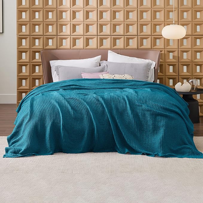 Bedsure 100% Cotton Blanket Twin XL Size for College Dorm - Breathable and Soft, Waffle Weave Twin Blanket for Summer, Dorm Room Essentials, Teal, 66x90 inches-StrideForce Fitness