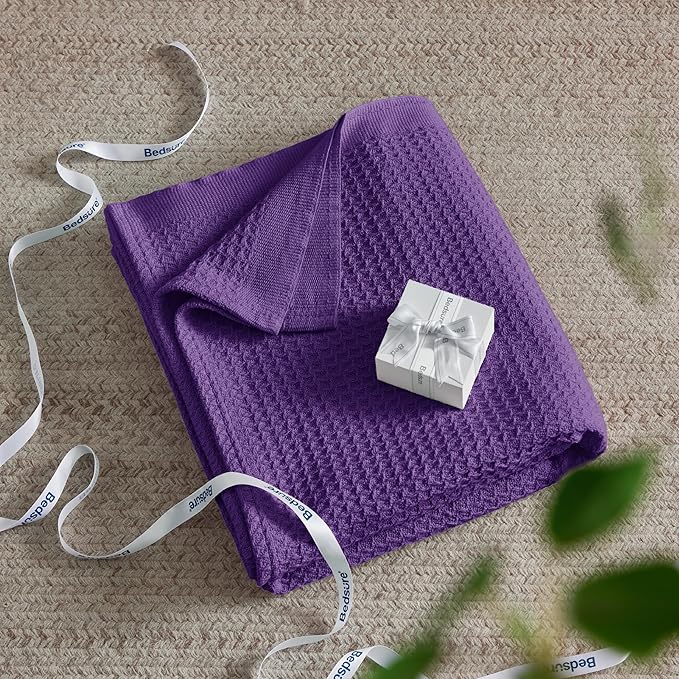 Bedsure 100% Cotton Blanket Queen Size for Bed - Breathable and Soft, Waffle Weave Blanket for Summer, Thick Cozy Fall Blankets for Women Gift, Purple, 90x90 Inches-StrideForce Fitness