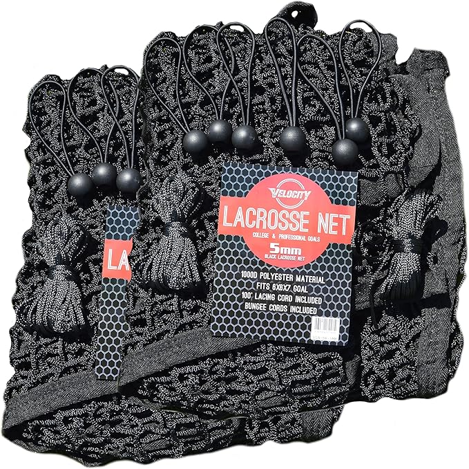 Velocity Heavy Duty Black & White Lacrosse Net - Fits 6’x6’x7’ Goals - Weatherproof, UV Resistant 1000D High-Strength Polyester - Comes with 100+ Feet of Lacing Cord and 4 Quick Ties-StrideForce Fitness