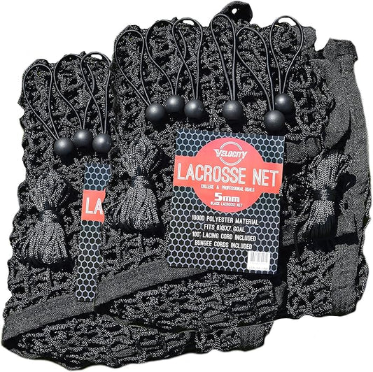 Velocity Heavy Duty Black & White Lacrosse Net - Fits 6’x6’x7’ Goals - Weatherproof, UV Resistant 1000D High-Strength Polyester - Comes with 100+ Feet of Lacing Cord and 4 Quick Ties-StrideForce Fitness