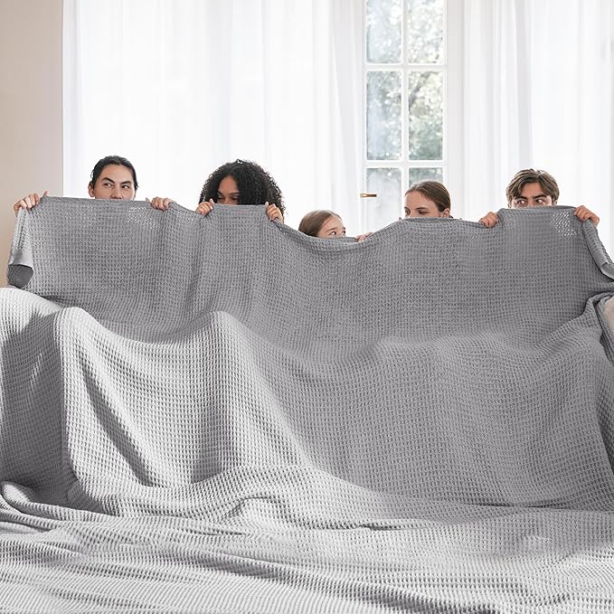 Bedsure 100% Cotton Large Blanket Oversized King for Bed - Breathable Thick Waffle Weave Blanket for Summer, Couch Cover, Grey, 120x94 inches-StrideForce Fitness