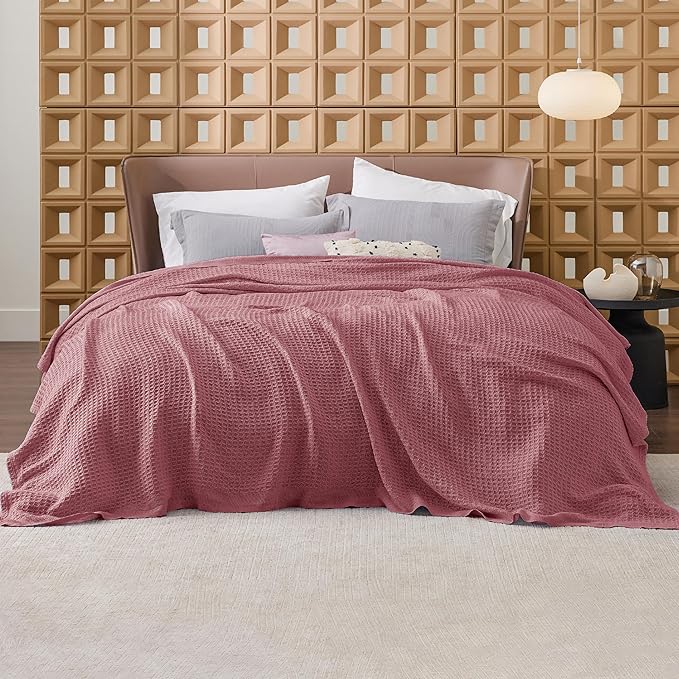 Bedsure 100% Cotton Blanket King Size for Bed - Breathable and Soft, Waffle Weave Blanket for Summer, Thick Cozy Fall Blankets for Women Gift, Dusty Rose, 104x90 inches-StrideForce Fitness