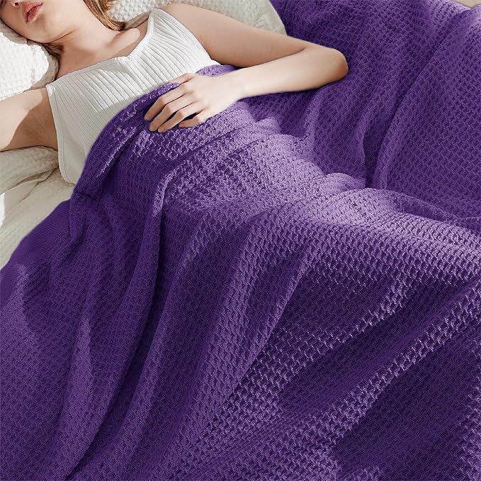 Bedsure 100% Cotton Blanket Twin XL Size for College Dorm - Breathable and Soft, Waffle Weave Twin Blanket for Summer, Dorm Room Essentials, Purple, 66x90 inches-StrideForce Fitness