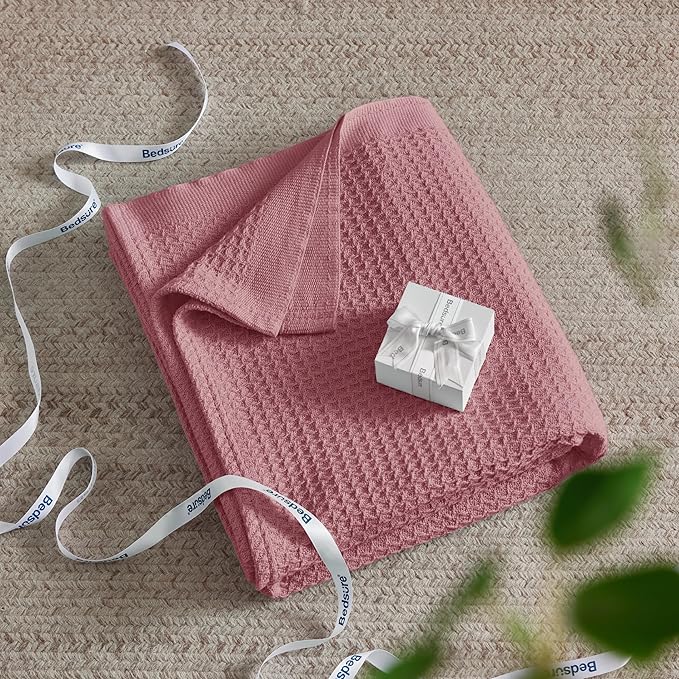 Bedsure 100% Cotton Blanket Queen Size for Bed - Breathable and Soft, Waffle Weave Blanket for Summer, Thick Cozy Fall Blankets for Women Gift, Dusty Rose, 90x90 Inches-StrideForce Fitness