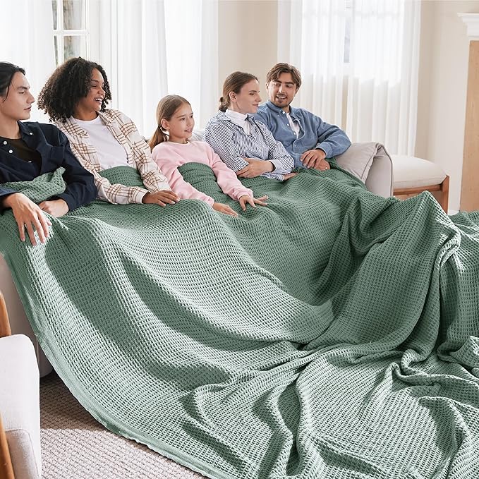 Bedsure 100% Cotton Large Blanket Oversized King for Bed - Breathable Thick Waffle Weave Blanket for Summer, Couch Cover, Sage Green, 120x94 inches-StrideForce Fitness