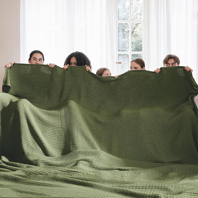 Bedsure 100% Cotton Large Blanket Oversized King for Bed - Breathable Thick Waffle Weave Blanket for Summer, Couch Cover, Olive Green, 120x94 inches-StrideForce Fitness