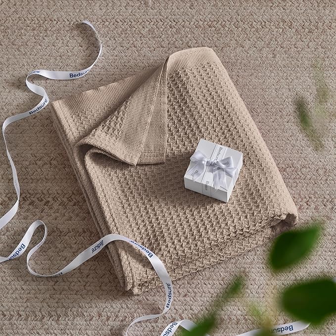 Bedsure 100% Cotton Large Throw Blanket for Couch 50x70 inches - Breathable and Soft, Waffle Weave Throw Blanket for Office, Taupe-StrideForce Fitness