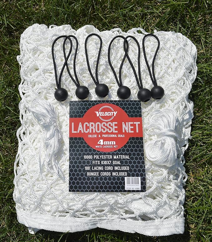 Velocity Heavy Duty Black & White Lacrosse Net - Fits 6’x6’x7’ Goals - Weatherproof, UV Resistant 1000D High-Strength Polyester - Comes with 100+ Feet of Lacing Cord and 4 Quick Ties-StrideForce Fitness