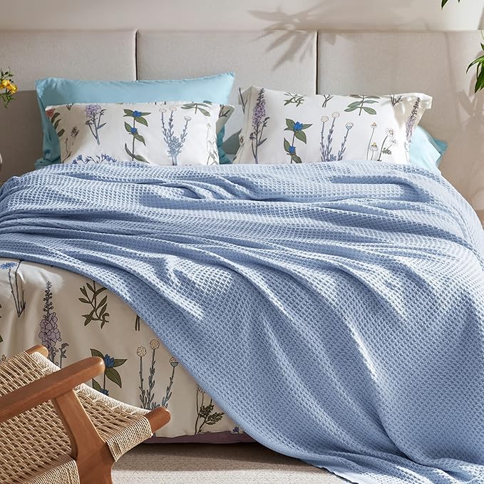 Bedsure 100% Cotton Blanket King Size for Bed - Breathable and Soft, Waffle Weave Blanket for Summer, Thick Cozy Fall Blankets for Women Gift, Sky Blue, 104x90 inches-StrideForce Fitness
