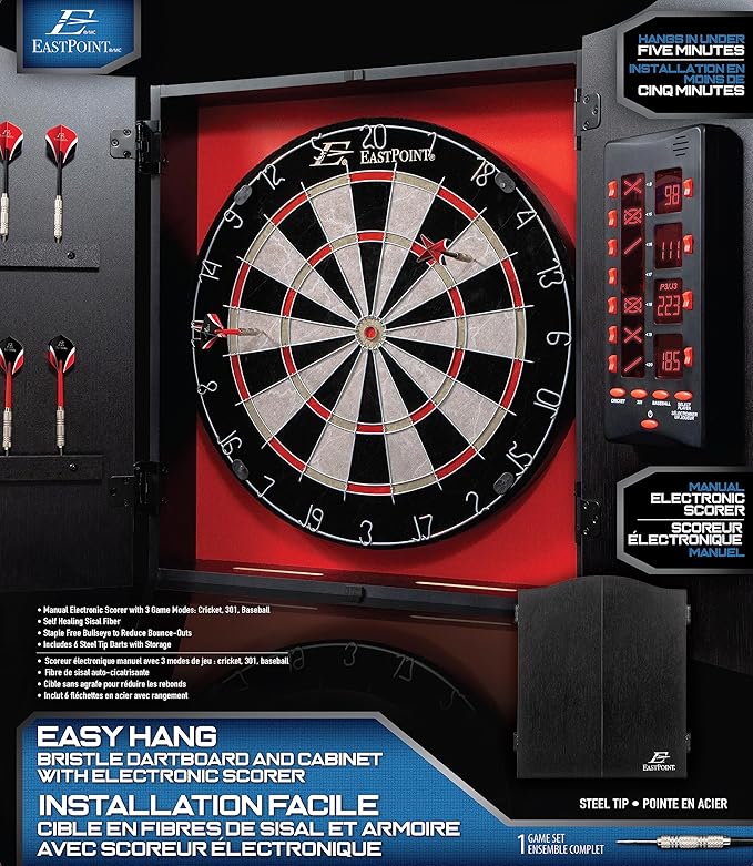 EastPoint Sports Tournament Bristle Dartboard and Easy Hang Cabinet with Electronic Scoreboard and 6 Steel Tip Darts-StrideForce Fitness