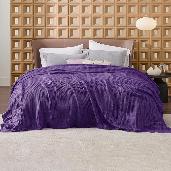Bedsure 100% Cotton Blanket King Size for Bed - Breathable and Soft, Waffle Weave Blanket for Summer, Thick Cozy Fall Blankets for Women Gift, Purple, 104x90 inches-StrideForce Fitness