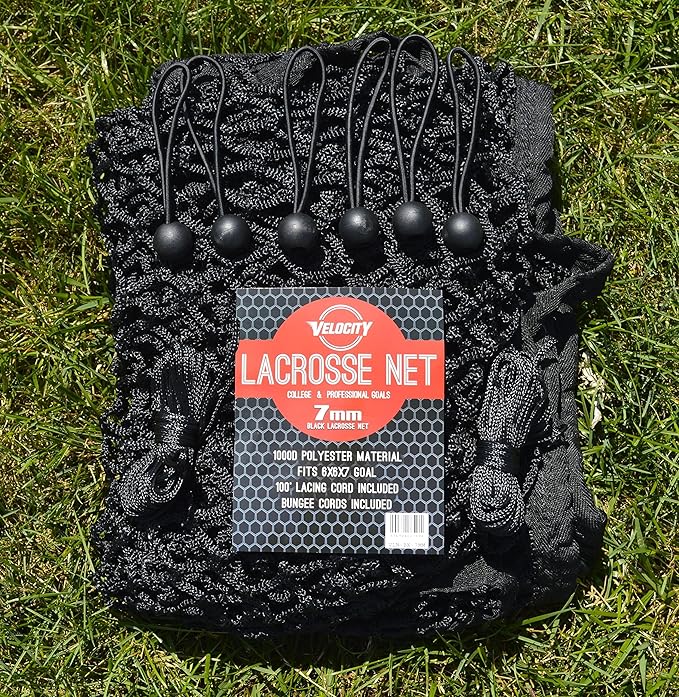 Velocity Heavy Duty Black & White Lacrosse Net - Fits 6’x6’x7’ Goals - Weatherproof, UV Resistant 1000D High-Strength Polyester - Comes with 100+ Feet of Lacing Cord and 4 Quick Ties-StrideForce Fitness