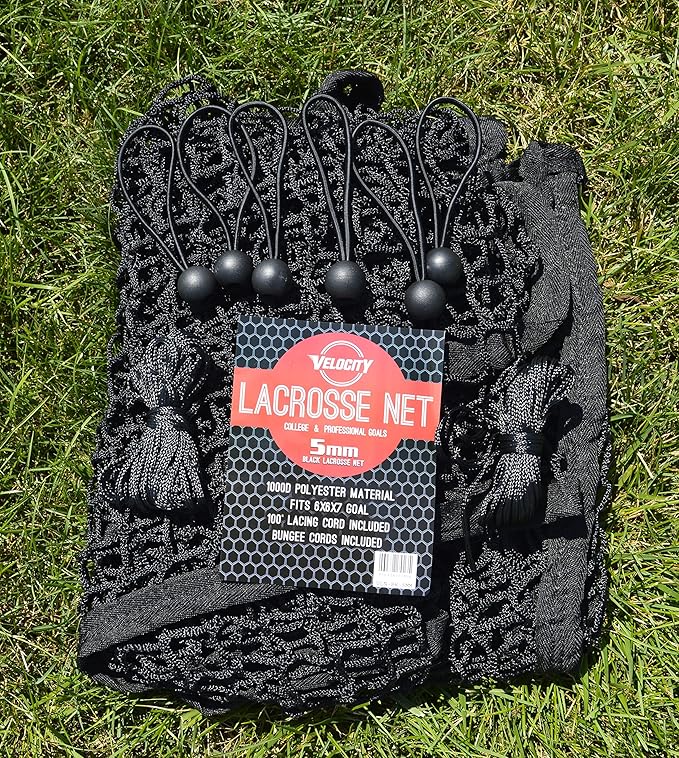 Velocity Heavy Duty Black & White Lacrosse Net - Fits 6’x6’x7’ Goals - Weatherproof, UV Resistant 1000D High-Strength Polyester - Comes with 100+ Feet of Lacing Cord and 4 Quick Ties-StrideForce Fitness