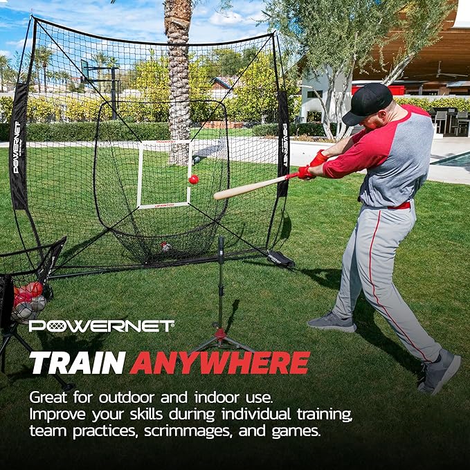 PowerNet Baseball Softball Practice Net 7x7 with Baseball Accessories for Practice Pitching, Batting & Fielding, Ball Caddy, Weighted Baseballs, Tee-StrideForce Fitness