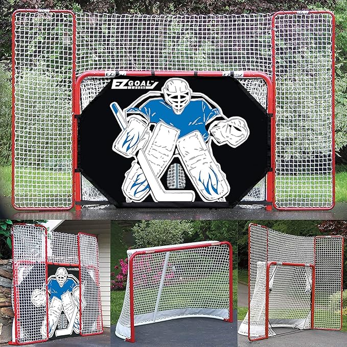 EZ Goal Folding Hockey Training Goal Net w/ Backstop, Targets, & Shooter Tutor , Red/White, 2-Inch-StrideForce Fitness