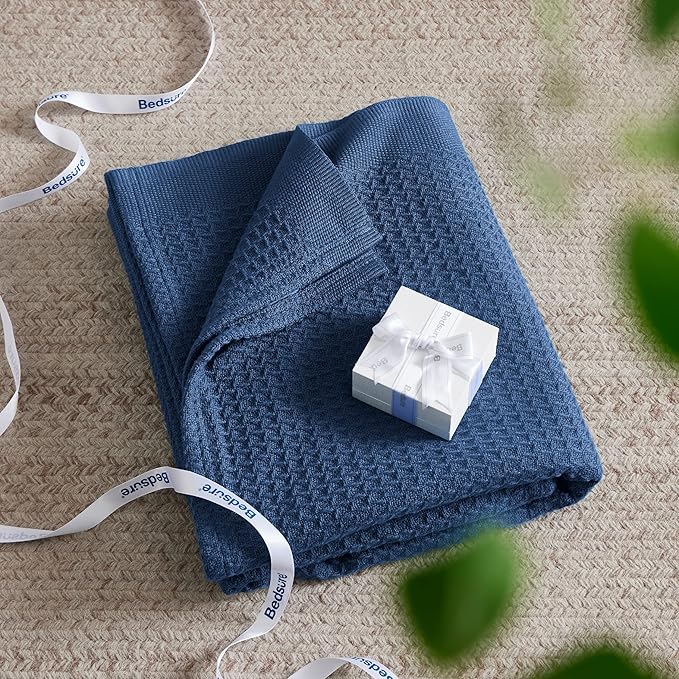 Bedsure 100% Cotton Blanket Twin XL Size for College Dorm - Breathable and Soft, Waffle Weave Twin Blanket for Summer, Dorm Room Essentials, Navy, 66x90 inches-StrideForce Fitness