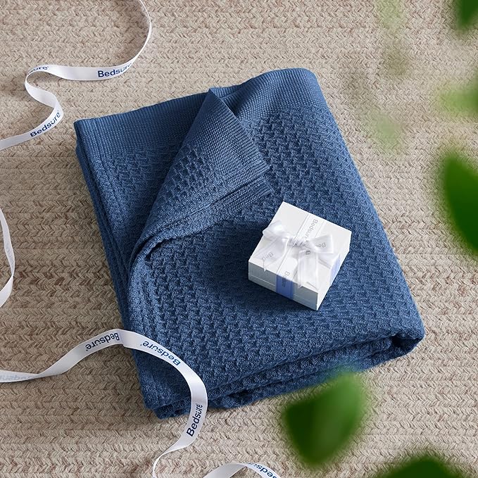 Bedsure 100% Cotton Large Throw Blanket for Couch 50x70 inches - Breathable and Soft, Waffle Weave Throw Blanket for Office, Navy-StrideForce Fitness