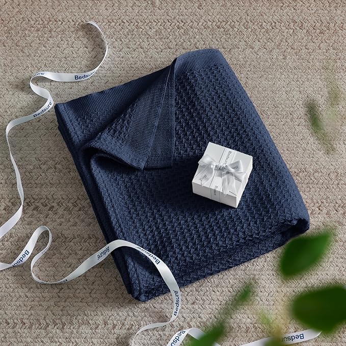 Bedsure 100% Cotton Blanket Twin XL Size for College Dorm - Breathable and Soft, Waffle Weave Twin Blanket for Summer, Dorm Room Essentials, Pageant Blue, 66x90 inches-StrideForce Fitness