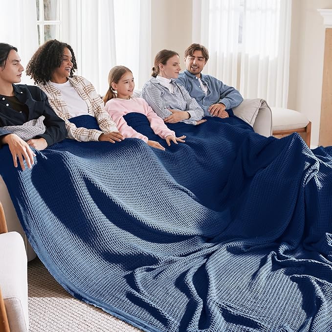 Bedsure 100% Cotton Large Blanket Oversized King for Bed - Breathable Thick Waffle Weave Blanket for Summer, Couch Cover, Navy, 120x94 inches-StrideForce Fitness