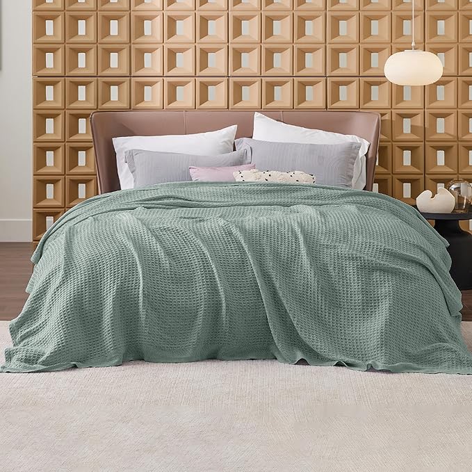 Bedsure 100% Cotton Blanket King Size for Bed - Breathable and Soft, Waffle Weave Blanket for Summer, Thick Cozy Fall Blankets for Women Gift, Sage Green, 104x90 inches-StrideForce Fitness