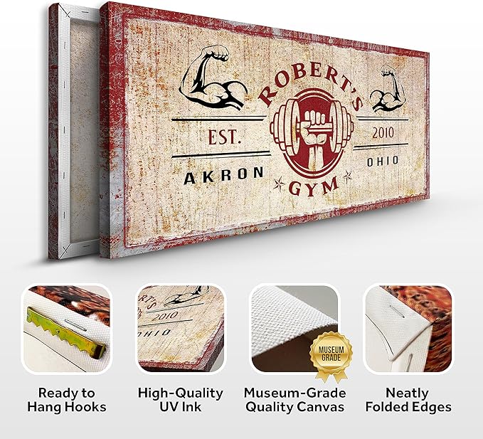 Tailored Canvases Personalized Gym Sign Wall Art Decor - Motivational Canvas for Home Gym, Workout Room, Garage, Fitness Center - Workout Inspirational Posters - One Hand Dumbbell on Rustic Red, 60x30in-StrideForce Fitness