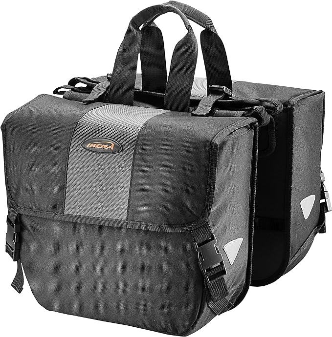 Ibera Adjustable Bicycle Bag (Pair) with Quick Release/Clip-On System - Water Resistant Bike Saddle Bags For Rear Rack with & 19.8 lbs Capacity Each - Saddle Bag Bicycle Fits Most Racks (Black)-StrideForce Fitness
