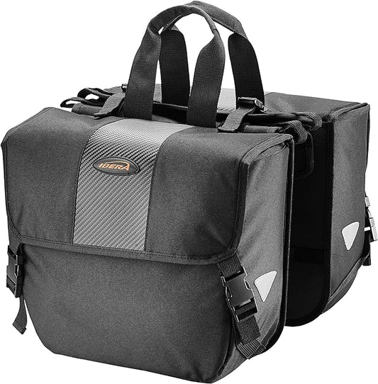 Ibera Adjustable Bicycle Bag (Pair) with Quick Release/Clip-On System - Water Resistant Bike Saddle Bags For Rear Rack with & 19.8 lbs Capacity Each - Saddle Bag Bicycle Fits Most Racks (Black)-StrideForce Fitness