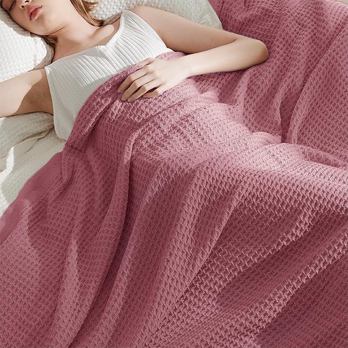 Bedsure 100% Cotton Large Throw Blanket for Couch 50x70 inches - Breathable and Soft, Waffle Weave Throw Blanket for Office, Dusty Rose-StrideForce Fitness