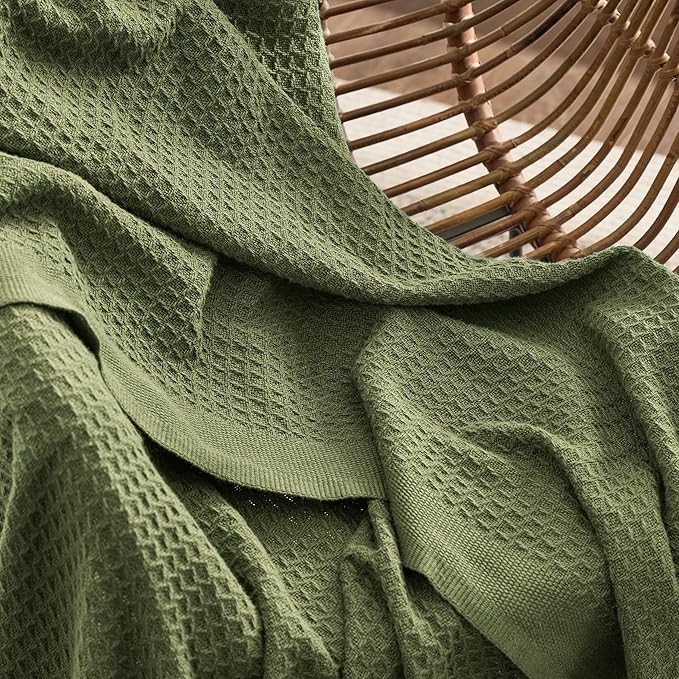 Bedsure 100% Cotton Large Throw Blanket for Couch 50x70 inches - Breathable and Soft, Waffle Weave Throw Blanket for Office, Olive Green-StrideForce Fitness