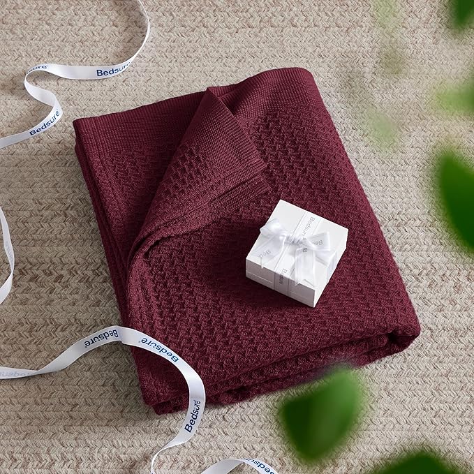 Bedsure 100% Cotton Blanket Queen Size for Bed - Breathable and Soft, Waffle Weave Blanket for Summer, Thick Cozy Fall Blankets for Women Gift, Red, 90x90 Inches-StrideForce Fitness